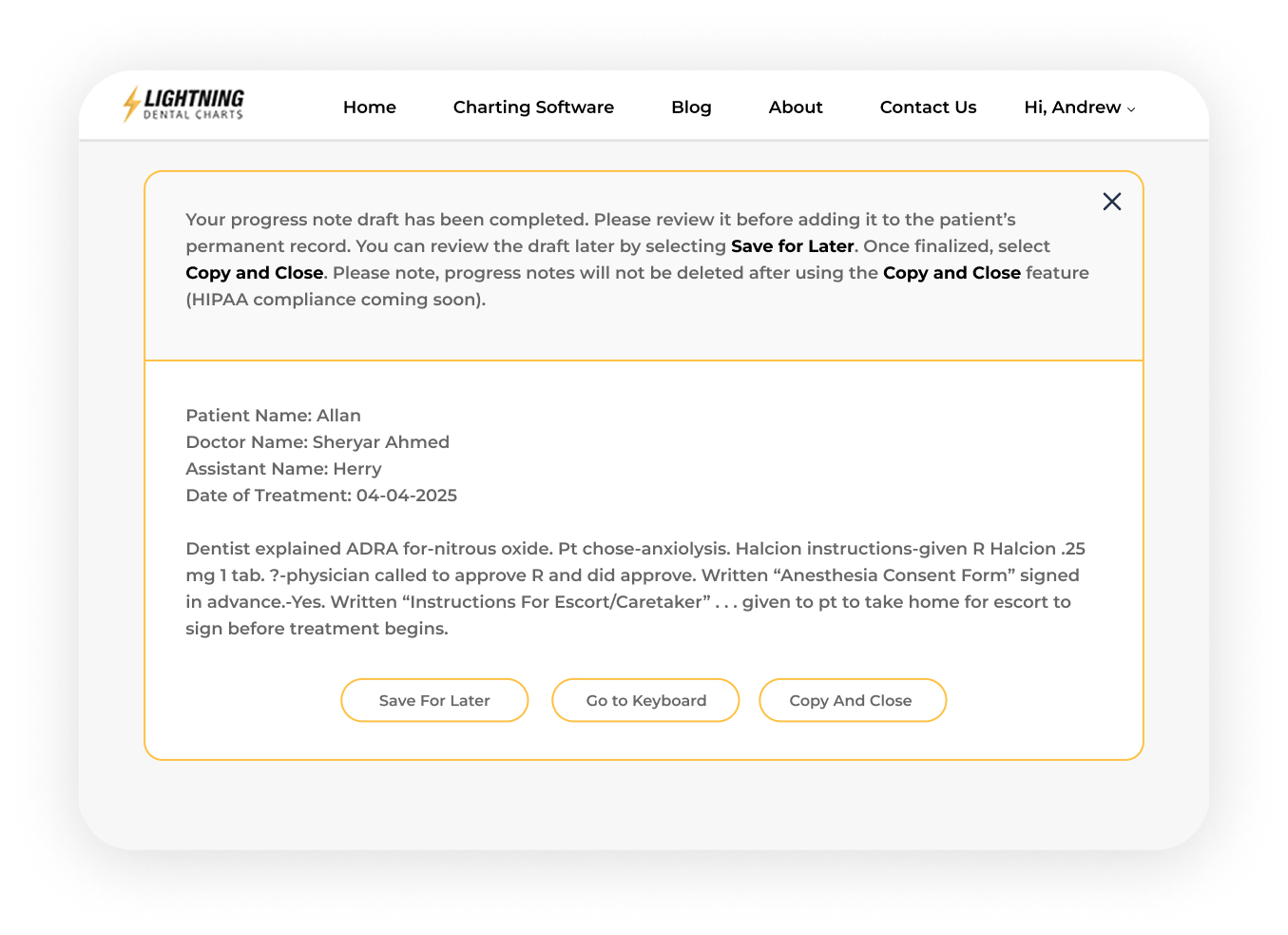 Comparison of traditional dental documentation and Lightning Dental’s AI-powered charting software showing improved efficiency and ROI
