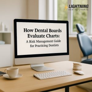 Computer screen in dental office displaying "How Dental Boards Evaluate Charts: A Risk Management Guide for Practicing Dentists"