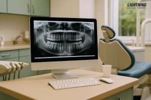 Panoramic dental radiograph displayed on a computer screen in a modern dental operatory with a blue dental chair in the background